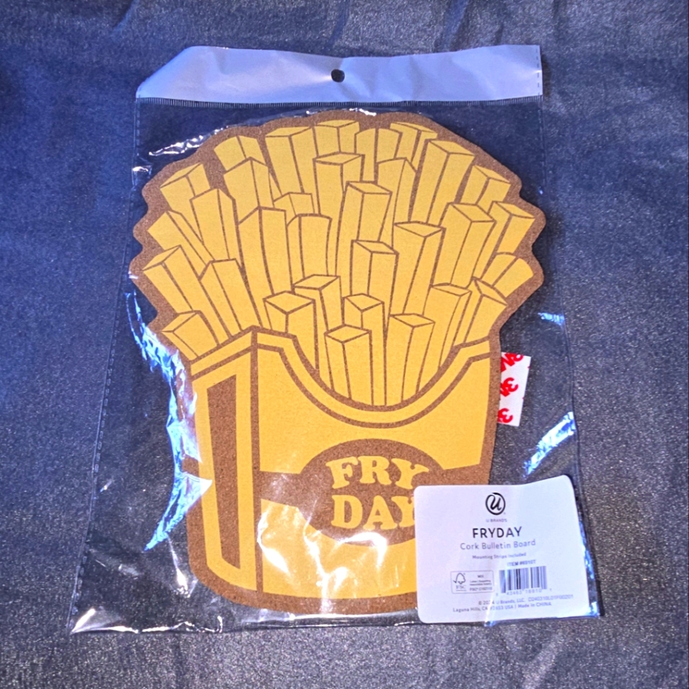 FRYDAY Cork Bulletin Board Yellow French Fries Shaped Decorative Novelty NWT